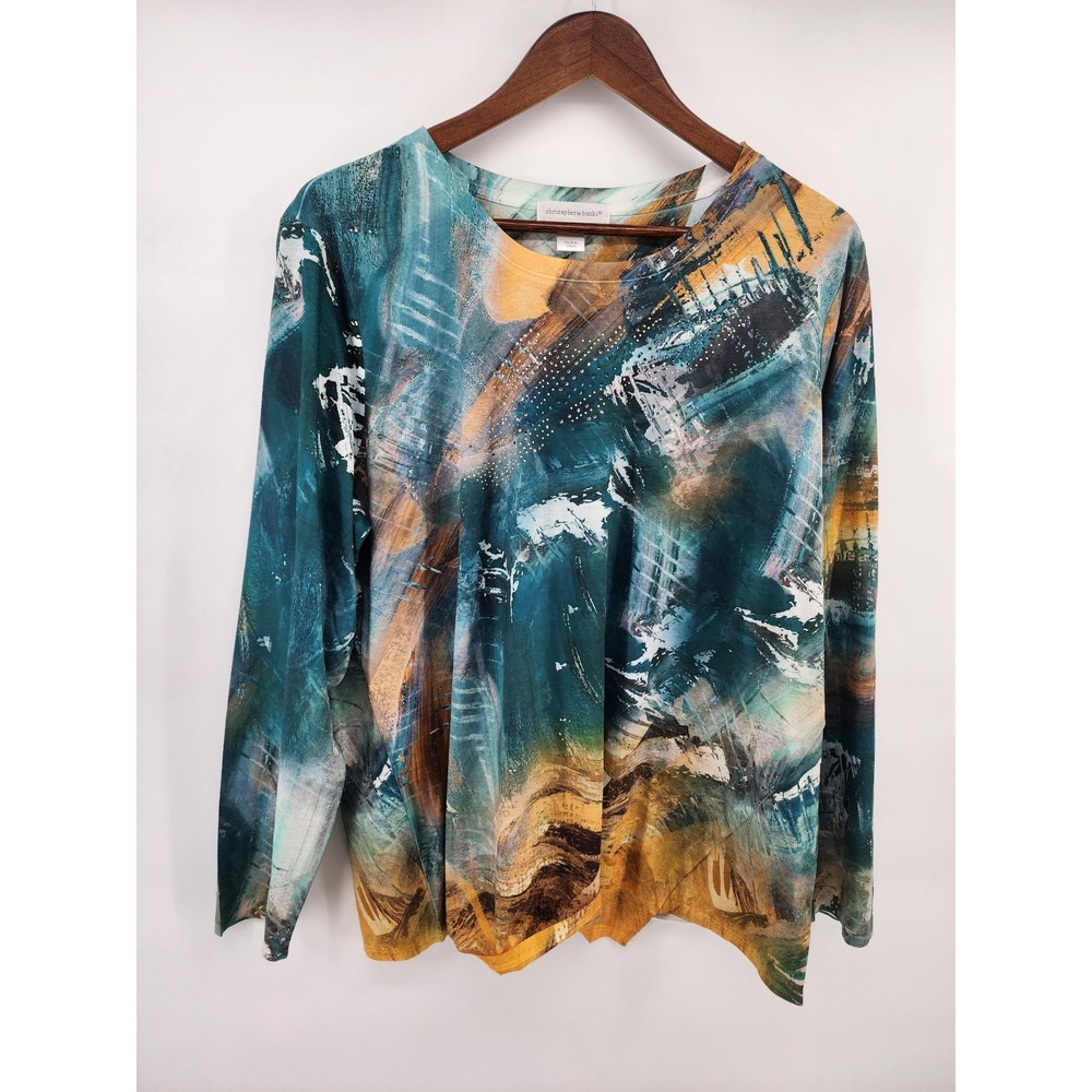 Christopher & Banks XL Abstract Print Long Sleeve Embellished Top Teal NEW